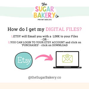 May include: A pink and white graphic with the text "the SUGAR BAKERY Co PRINTABLES" at the top. The text "How do I get my DIGITAL FILES?" is in pink. The text "1. ETSY will Email you with a LINK to your Files - OR - 2. YOU CAN LOGIN TO YOUR ETSY ACCOUNT and click on 'PURCHASES' - click on DOWNLOAD" is in black. The Etsy logo is in a blue circle. An arrow points to a laptop with an email icon on the screen. The text "@theSugarBakery.co" is at the bottom.