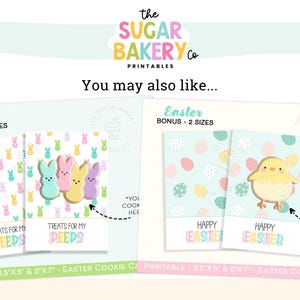 May include: Two printable Easter cookie cards. The first card features a pastel pink, blue, and yellow background with a pattern of Easter eggs and the text "Treats for my peeps". The second card features a pastel blue background with a pattern of Easter eggs and the text "Happy Easter".