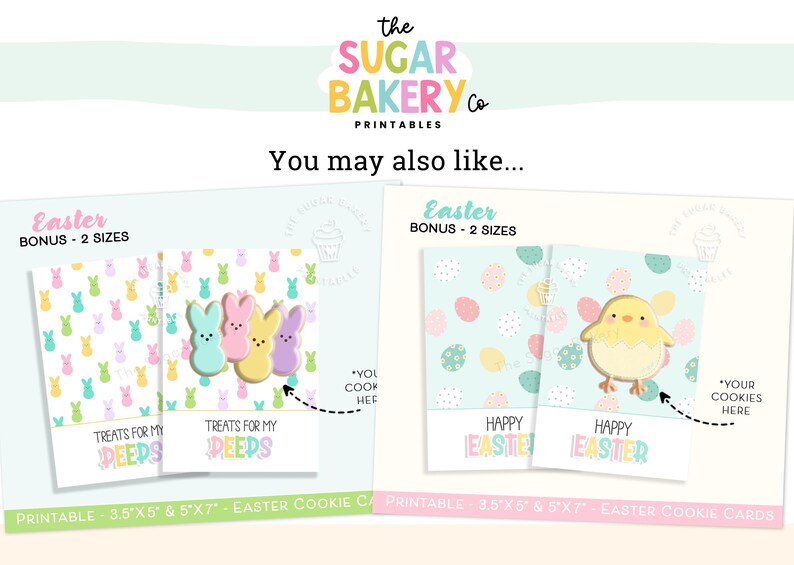 May include: Two printable Easter cookie cards. The first card features a pastel pink, blue, and yellow background with a pattern of Easter eggs and the text "Treats for my peeps". The second card features a pastel blue background with a pattern of Easter eggs and the text "Happy Easter".