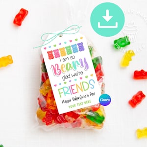 Etiqueta imprimible del oso GUMMY del día de San Valentín, Tarjetas de San Valentín editables para niños, BEARY me alegra que seamos AMIGOS Gummy, Etiqueta de caramelos para el aula preescolar