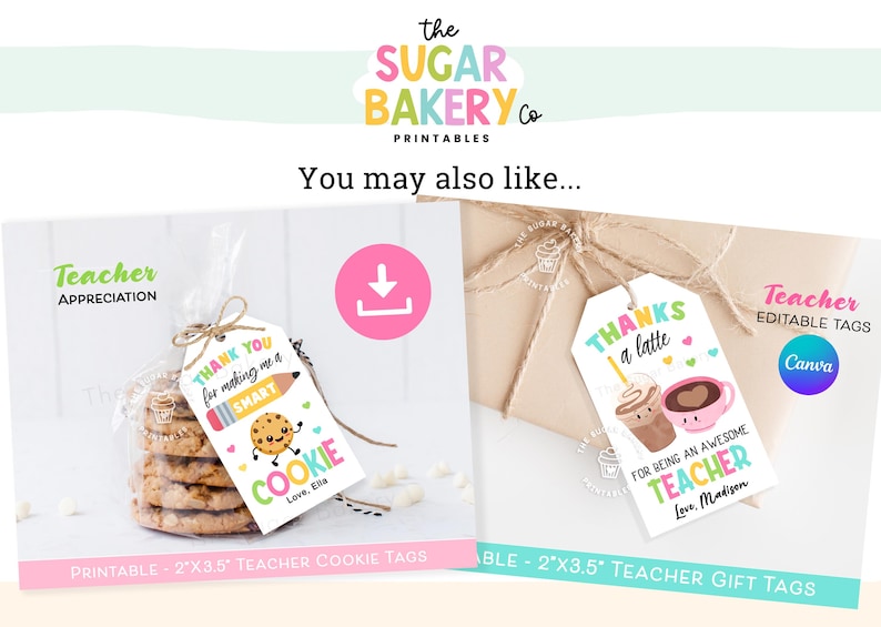 Pu&ograve; includere: Etichette regalo stampabili per l'apprezzamento degli insegnanti. Sono mostrati due design: uno con un biscotto e il testo "Grazie per avermi fatto un biscotto intelligente" e l'altro con una tazza di caff&egrave; e il testo "Grazie per essere un insegnante fantastico".