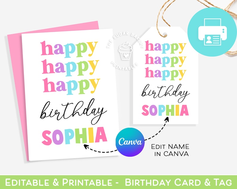 Może przedstawiać: Edytowalna, drukowalna kartka urodzinowa i etykieta z tekstem "happy happy happy birthday" w kolorach tęczy i imieniem "Sophia" w kolorze r&oacute;żowym, ż&oacute;łtym, niebieskim i fioletowym. Kartka i etykieta są zaprojektowane do personalizacji w Canva.