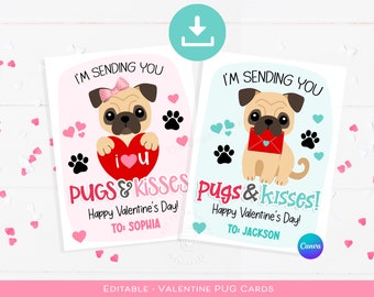 May include: Two printable Valentine's Day cards featuring a pug dog. The card on the left is pink with a pug wearing a pink bow and holding a heart that says "i love you". The card on the right is blue with a pug holding a red envelope. Both cards say "I'm sending you pugs & kisses! Happy Valentine's Day!" with a space for a name.