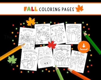 Fall Coloring Pages, PRINTABLE Autumn Coloring Pages for kids bundle Fall Preschool Craft Scarecrow Pumpkin Thanksgiving Leaves Turkey art