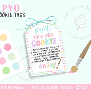 PYO Cookie Pastel TAGS, Pyo COOKIE Instrucciones e indicaciones, Pinta tu propio cumpleaños arco iris de galletas, 2" y 2.5" Pinta tu propio kit de galletas