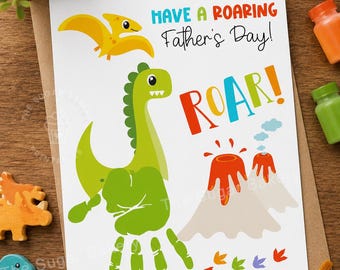 Father’s Day Dinosaur Handprint Art, Roaring Dad Printable Craft, Green Dino Keepsake Gift from Kids, Preschool Toddler Craft Activity