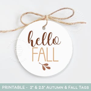 May include: Printable round gift tags with the text "hello fall" in brown and orange lettering with a small brown twig design. The tags are 2 inches and 2.5 inches in diameter.