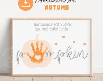 Onze schattige kleine pompoen handafdruk kunst afdrukbare herfst baby ambacht Eerste Halloween aandenken oktober babyvoetafdruk herfst peuteractiviteit idee