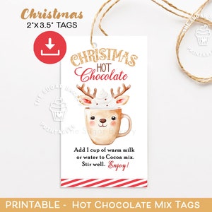 Druckbare Heiße Schokolade Mix Geschenkanhänger, Rentier Heißer Kakao Mix Tags, Weihnachtsbevorzugungsgeschenkanhänger, Weihnachtsgeschenkidee, Heiße Schokoladenfestlichkeit Geschenk