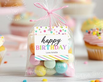 Étiquettes pour cadeaux de joyeux anniversaire, imprimables pastel arc-en-ciel à pois, étiquettes de cotillons en téléchargement numérique, étiquettes de sac pour cadeaux d'anniversaire pour enfants, articles de fête pour enfants