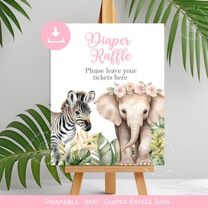 Safari Diaper Raffle Sign, PRINTABLE Diaper Raffle Baby Shower Sign, Baby GIRL floral Safari Sign, Diaper Raffle Baby Shower Game Card Sign