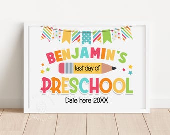 LAST Day of Preschool-bord voor kinderen bewerkbaar Last Day of Preschool-bord voor jongens kleurrijk schoolbord afdrukbaar kleuterschoolbord CRAY102