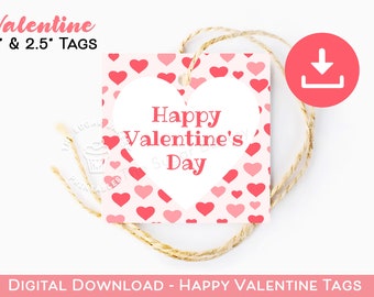 Happy Valentine's Day COOKIE TAGS, 2" and 2.5" Pink Red Hearts Tag, Valentine's tags for kids, Candy tags, printable valentine treat tags