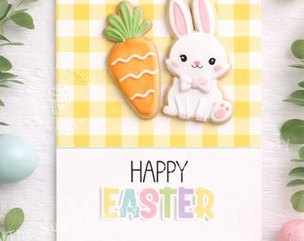 Koekjeskaarten Pasen, gele geruite minikoekjeskaart, Koekjeskaarten Pasen, Koekjeskaart Pasen, Koekjeskaart paashaas, Koekjeskaarten konijn, Afdrukbare koekjeskaart