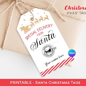 Etiqueta de presente editável do Papai Noel, etiqueta de entrega especial do PÓLO NORTE, presente de Natal do PAPAI NOEL, etiquetas secretas para presente do Papai Noel imprimíveis, etiquetas do Papai Noel