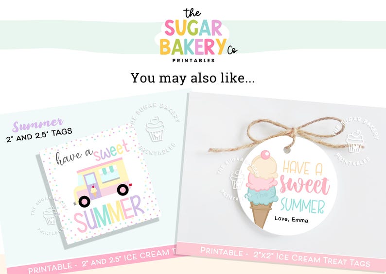 Pode incluir: Duas etiquetas imprim&iacute;veis com tema de ver&atilde;o. Uma etiqueta apresenta um cami&atilde;o de gelados com o texto "Have a sweet SUMMER". A outra etiqueta &eacute; uma etiqueta redonda com um cone de gelado e o texto "Have a sweet SUMMER".