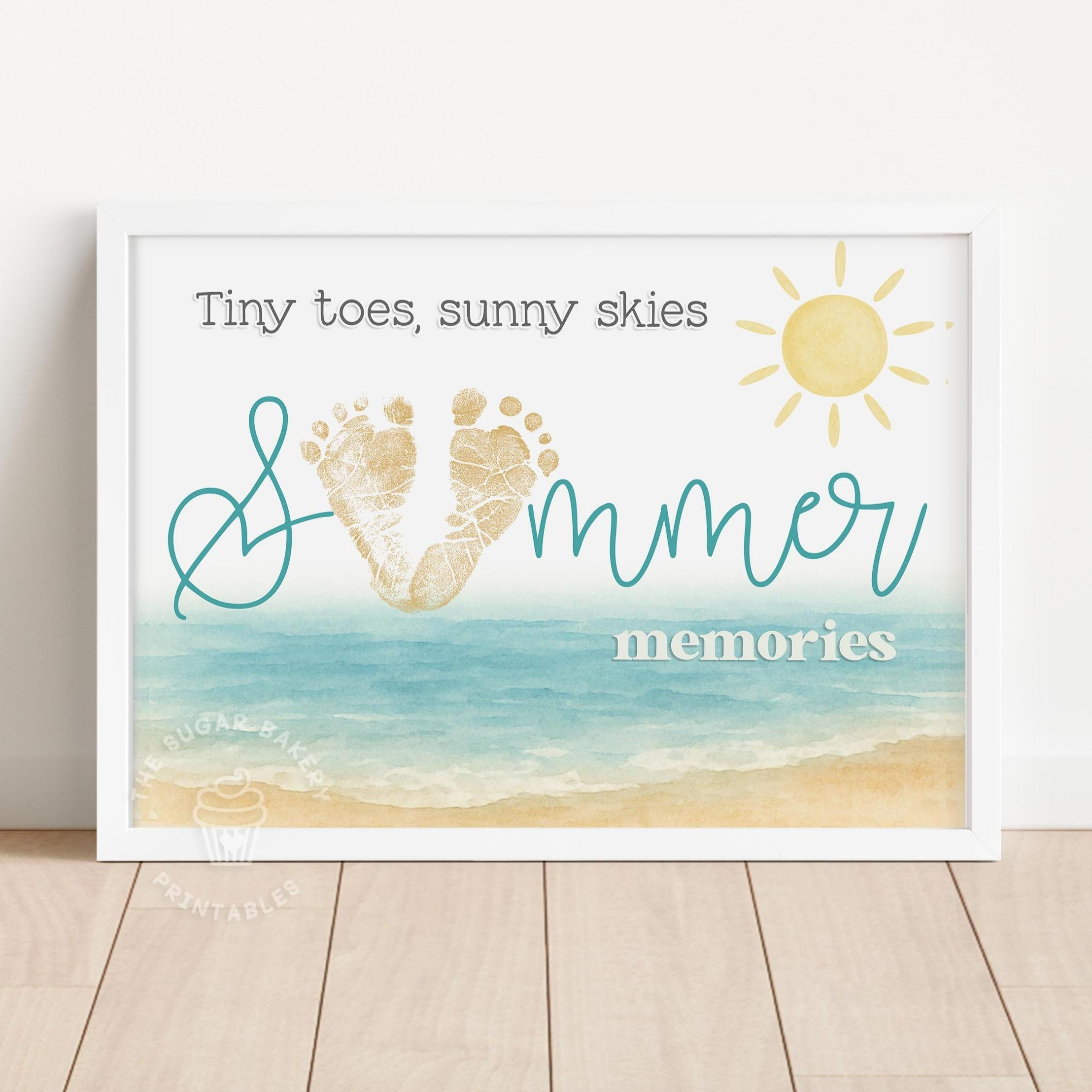 Summer Beach Footprint Craft Art Printable Keepsake Baby Toddler Kid Footprint Summer Art Activity DIY Beach Themed Kids Handprint Crafts