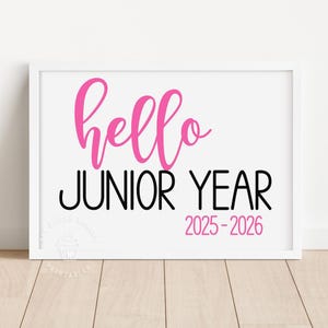 Panneau imprimable Premier jour de l&#39;ANNÉE JUNIOR 1er jour 11e année Bonjour signe de l&#39;année junior rose vif pour la rentrée 11e année, tableau noir fille PINK101