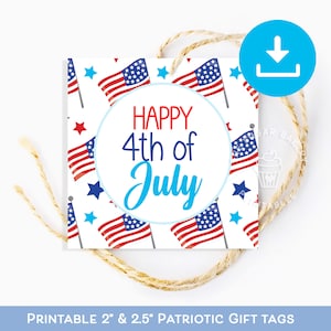 Étiquette à biscuits imprimable Happy 4 juillet, étiquette-cadeau drapeau américain patriotique de jour de l'indépendance 2" & 2,5" étiquette à biscuits d'été, cadeau de fête du 4 juillet