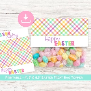 Happy Easter Treat Bag TOPPER,  Colorful plaid Easter Bunny Bait Bag TOPPERS, Easter Classroom favor toppers Easter Printable Bag topper