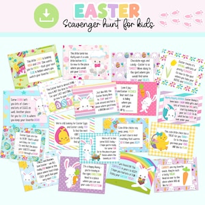Easter Clues SCAVENGER Hunt for kids, Printable Indoor Easter TREASURE HUNT cards, Cute colorful Easter bunny games for kids Easter egg Hunt