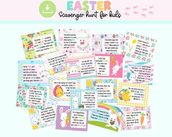 Easter Clues SCAVENGER Hunt for kids, Printable Indoor Easter TREASURE HUNT cards, Cute colorful Easter bunny games for kids Easter egg Hunt