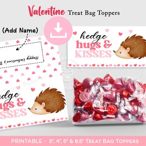 Printable Hedgehugs & Kisses Valentine Topper, Valentine Hedgehog Treat Cookie Bag Topper, Classroom Valentines treat bags for Kids Tags