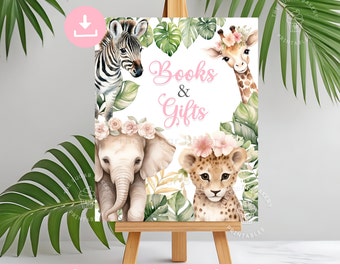 Letrero de LIBROS y REGALOS, Libros de animales de la selva SAFARI para letrero de bebé, Letrero para baby shower imprimible, Regalo para niña, Libros y regalos para baby shower