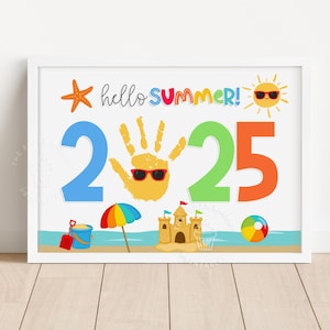 Summer Handprint Craft Printable – Hello Summer 2025 Art with Beach Sandcastle bucket Beach Ball – Fun Kids Toddler Activity Keepsake Craft