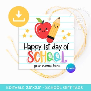 Etiqueta editable feliz 1er día de clases, etiqueta de regalo de regreso a la escuela para niños estudiantes de maestro, galleta Apple Pencil del primer día de clases imprimible