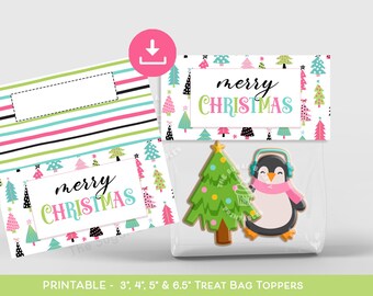 Merry Christmas Cookie Bag Topper, Christmas Tree Bag Topper Printable Christmas Treat Bag Topper, Merry & Bright Christmas topper printable