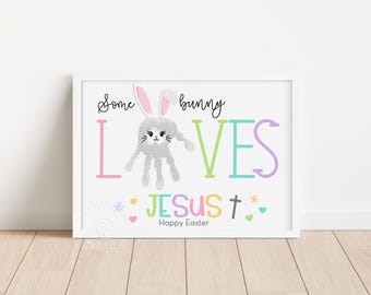 Easter Handprint Art, Somebunny love Jesus Christian Easter handprint crafts, Sunday School Crafts, Christian Handprint Craft, Easter craft