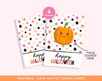 Happy Halloween Cookie Card, 3.5x5 and 5x7 Mini Halloween Cookie Card, Polka Dots Pumpkin Ghost Spider Cookie Card, Printable Cookie Card