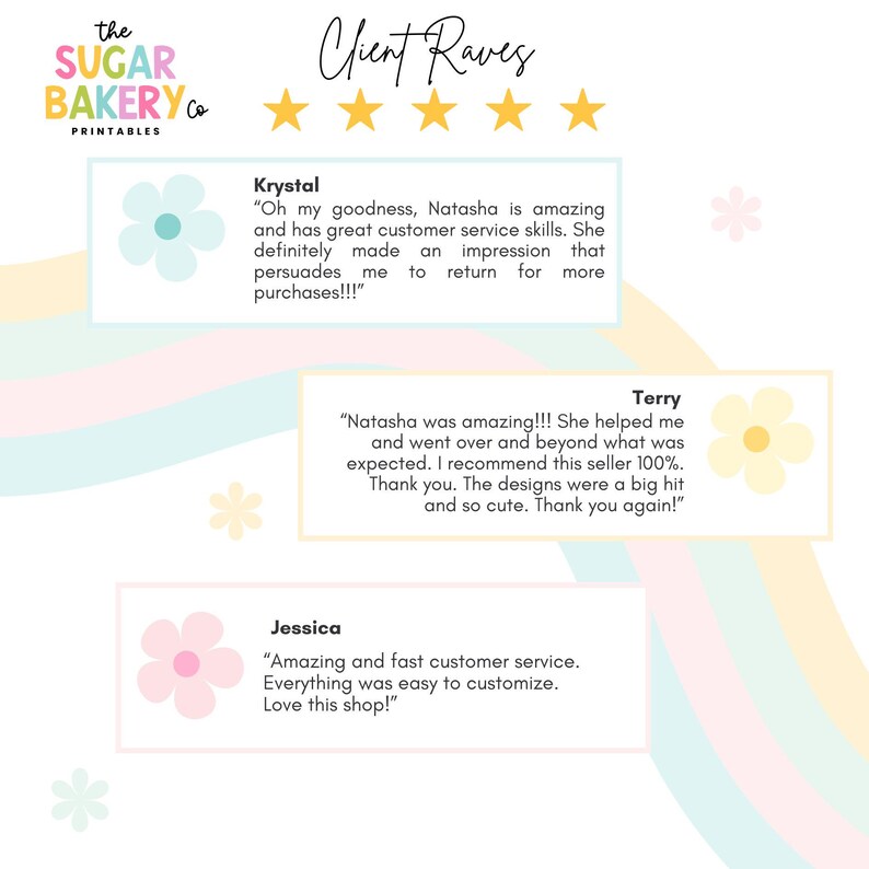 Pu&ograve; includere: Una grafica colorata con cinque stelle e il testo "Client Raves". Sotto le stelle ci sono tre testimonianze di clienti con i nomi Krystal, Terry e Jessica. Ogni testimonianza include una citazione sull'esperienza positiva del cliente con il venditore.