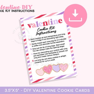 Instructions imprimables du kit de biscuits DIY de la Saint-Valentin, 3,5 x 5" Instructions du kit de biscuits de la Saint-Valentin, décorez votre propre carte de biscuits, kit DIY de la Saint-Valentin