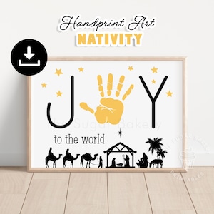 Art de l'empreinte de la main de la crèche de Noël, JOIE dans le monde, artisanat de l'école du dimanche, art de la naissance de Jésus, artisanat d'empreinte de main préscolaire, empreinte de main de la nativité