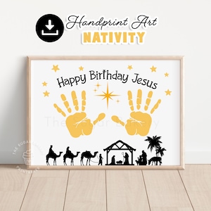Feliz aniversário, arte de impressão de mão de Jesus, arte de impressão de mão de Natal, artesanato de escola dominical, artesanato de impressão de mão pré-escolar, impressão de mão de natividade