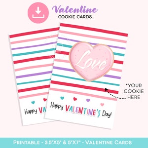 Afdrukbare Happy Valentine's Day Cookie Card, Rood Roze Paars Blauw GESTREEPTE Cookie Card, Heart Love Valentine Cookies, Valentine Cookie Cards