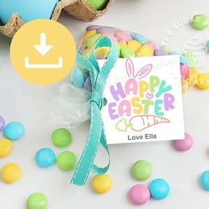 Etiquetas de Feliz Pascua, ETIQUETAS de galletas de conejito de Pascua, Etiqueta de arcoíris de zanahorias de conejito editable de FELIZ PASCUA, Etiquetas de Pascua imprimibles, Etiquetas de golosinas de conejito de Pascua