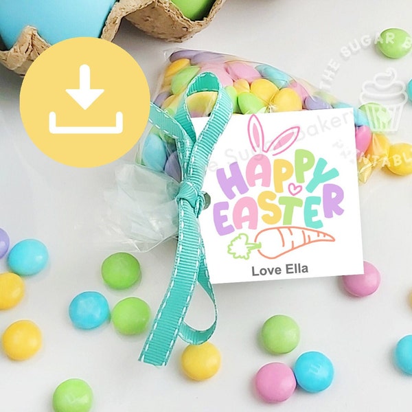 Happy Easter Tags, Easter Bunny Cookie TAGS, HAPPY EASTER Bewerkbare Bunny wortelen regenboog tag, afdrukbare paastags, Easter Bunny Treat Tags