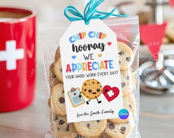 Etiquetas de regalo de agradecimiento para enfermeras, ¡CHIP CHIP hurra!, Etiqueta de enfermera editable, Regalos para la Semana de la Enfermería, Galletas de agradecimiento para enfermeras, Semana de agradecimiento a las enfermeras