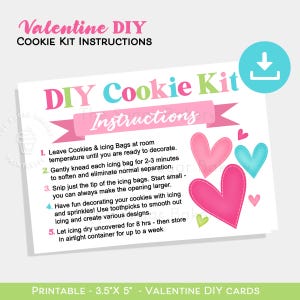 Instructies voor Valentijnskoekjespakket, afdrukbare instructies voor Valentijnskoekjespakket, versier je eigen koekjes, instructies voor het doe-het-zelfkoekjespakket