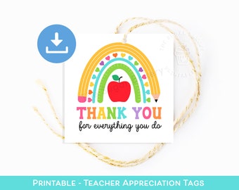 Teacher Appreciation TAG, TEACHER Thank you Gift Tag, Thank you teacher rainbow tag, gift for teacher Cookie treat Tag, printable 2" & 2.5"