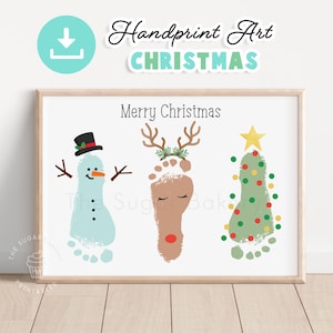Druckbarer Weihnachtsfußabdruck, Rentier-Schneemann-Weihnachtsbaum-Fußabdruck, Vorschulkunst DIY Handwerk, Weihnachtshandabdruck-Andenken