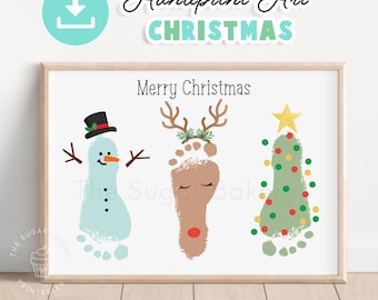 Printable Christmas Footprint Art, Reindeer Snowman Christmas Tree Footprint Art, Preschool Art DIY Craft, Christmas Handprint Keepsake Gift
