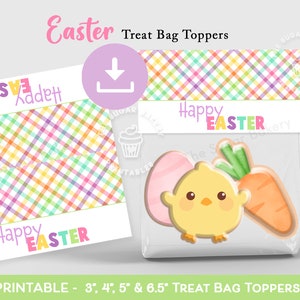 May include: Printable Easter treat bag toppers with a checkered pattern in pink, yellow, green, and blue. The toppers feature the text "Happy Easter" and a cute chick with a carrot and egg. The toppers are available in 3, 4, 5, and 6.5 inch sizes.