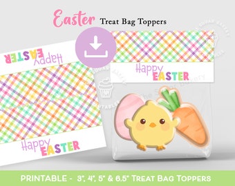 Happy Easter Treat Bag TOPPER,  4", 5" and 6.5", Easter Bunny Bait plaid Cookie Bag TOPPERS, Easter Printable Easter Bag topper