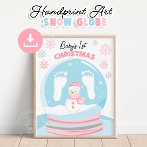 Christmas Handprint Art, Baby&#39;s 1st Christmas Footprint, Printable Christmas Snow globe art Footprint Keepsake gift, Baby girl 1st Christmas