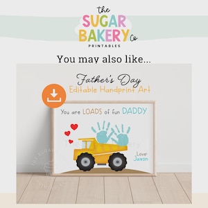 K&ouml;nnte beinhalten: Ein druckbares Vatertags-Handabdruck-Kunstwerk. Das Design zeigt einen gelben Kipplaster mit blauen Handabdr&uuml;cken und dem Text "You are LOADS of fun DADDY".