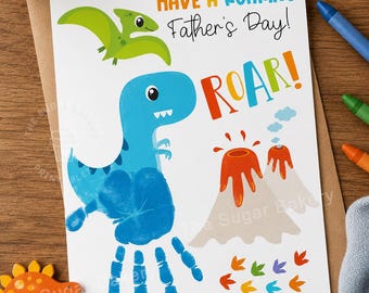 Vatertagsdinosaurier-Handabdruckkunst, brüllender Vater druckbare Fertigkeit, Dino-Andenken Geschenk von Kindern, Kleinkindfertigkeit Vorschulaktivität druckbar
